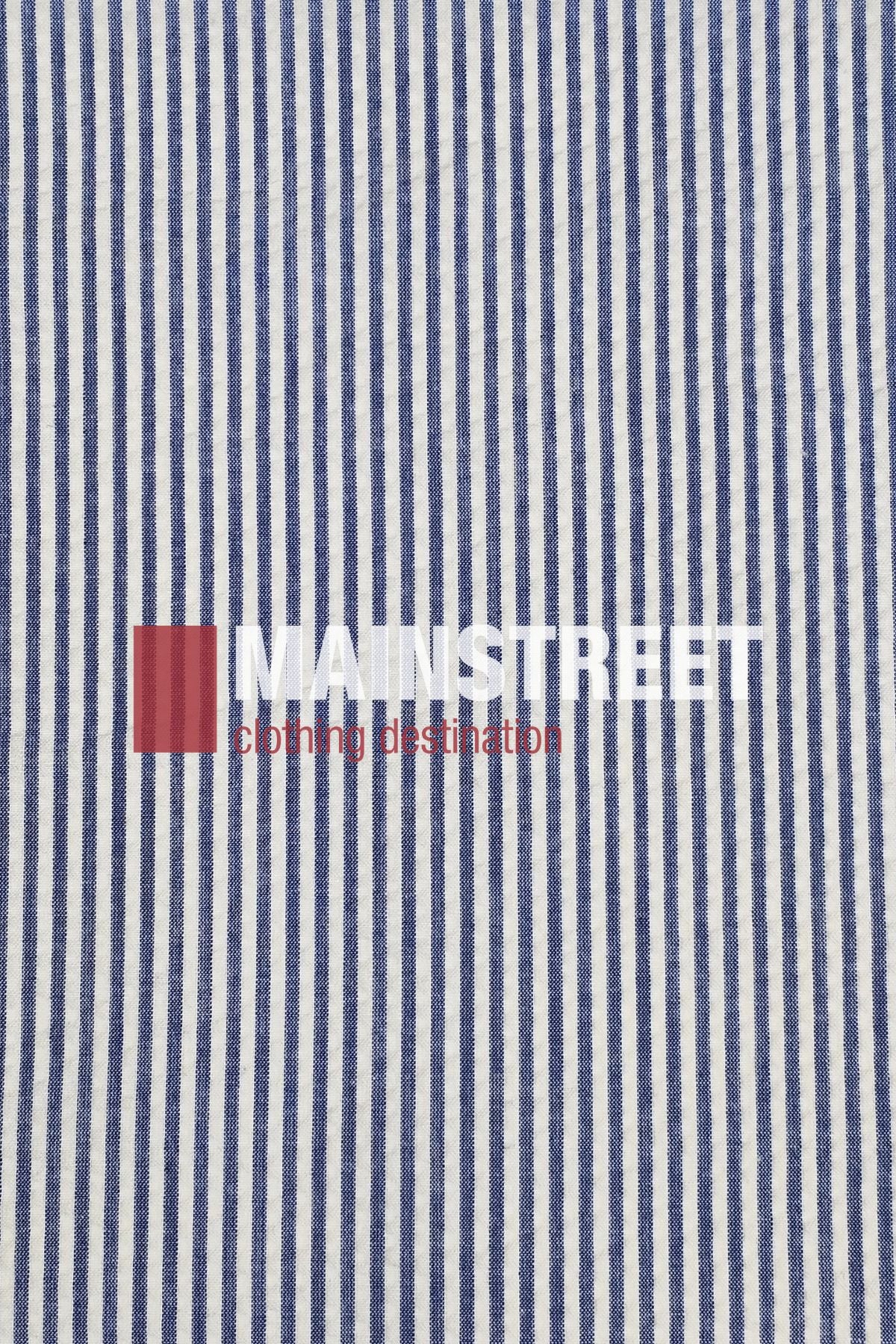 Blue and white vertical striped fabric background with "MAINSTREET" in bold white text and "clothing destination" in smaller red text over a red square, inspired by the Bisley Countryman Seersucker Short Sleeve Shirt.