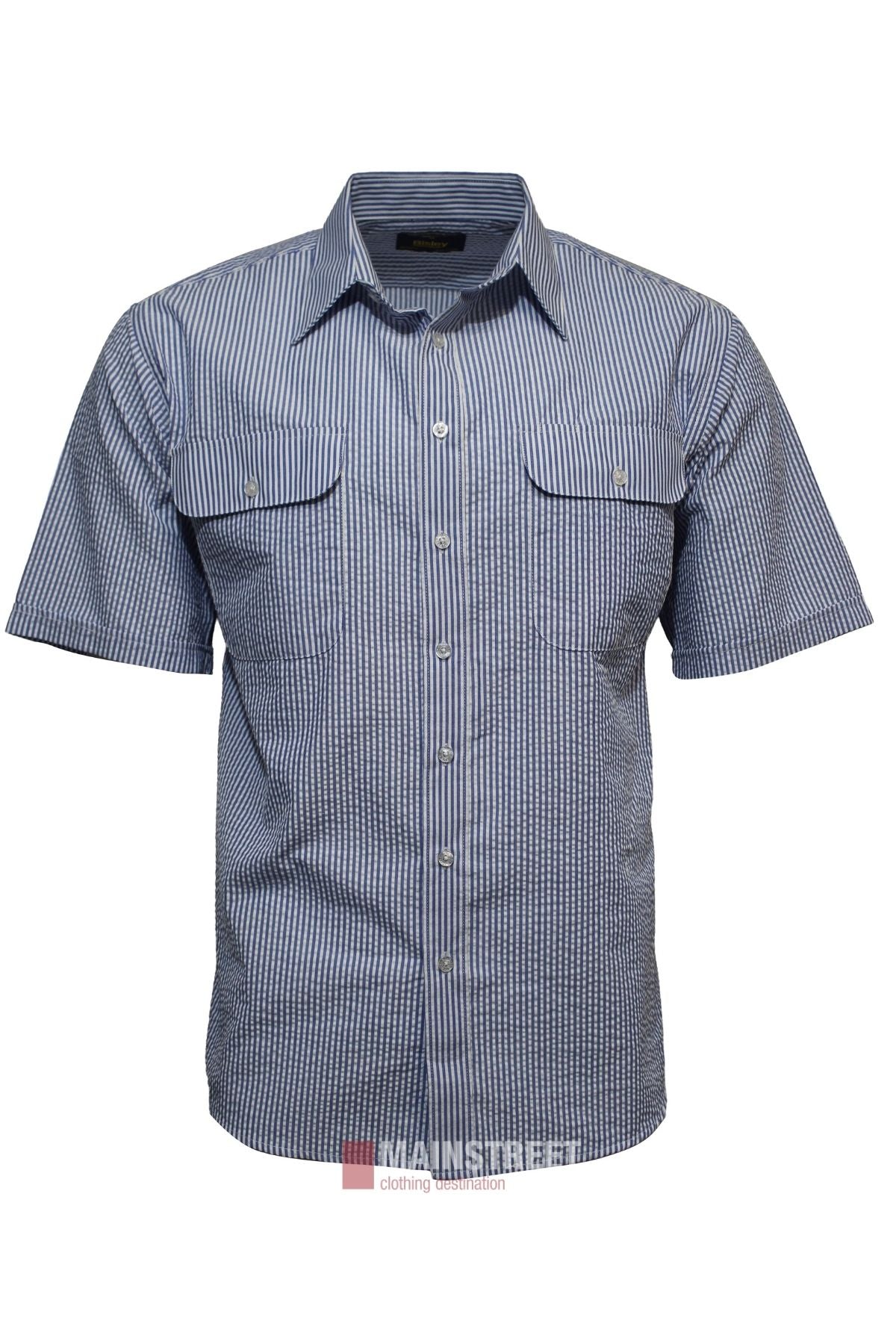 The Bisley Countryman Seersucker Short Sleeve Shirt features blue and white vertical stripes, a classic collar, and two chest pockets with flaps.