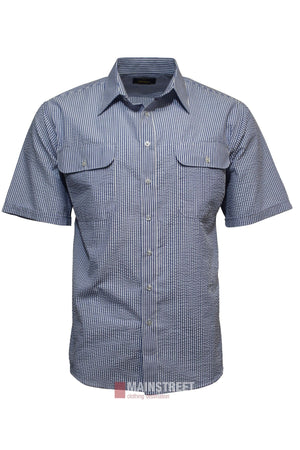 The Bisley Countryman Seersucker Short Sleeve Shirt features blue and white vertical stripes, a classic collar, and two chest pockets with flaps.