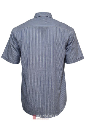 The Bisley Countryman Seersucker Short Sleeve Shirt features a blue and white small check pattern, button-up design, and is displayed from the back laid flat on a plain white background.