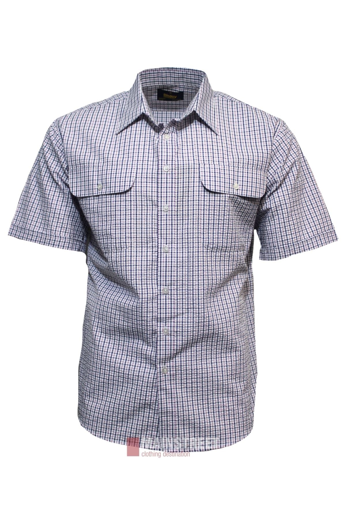 The Bisley Countryman Seersucker Short Sleeve Shirt is a men's button-up with a blue and white small checkered pattern and two front chest pockets with buttoned flaps.