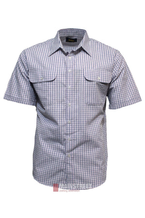 The Bisley Countryman Seersucker Short Sleeve Shirt is a men's button-up with a blue and white small checkered pattern and two front chest pockets with buttoned flaps.