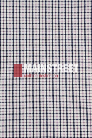 A small blue and white grid pattern—like the Bisley Countryman Seersucker Short Sleeve Shirt—emblazoned with "MAINSTREET" in bold white, "clothing destination" in red beneath, plus a solid red square to the side.