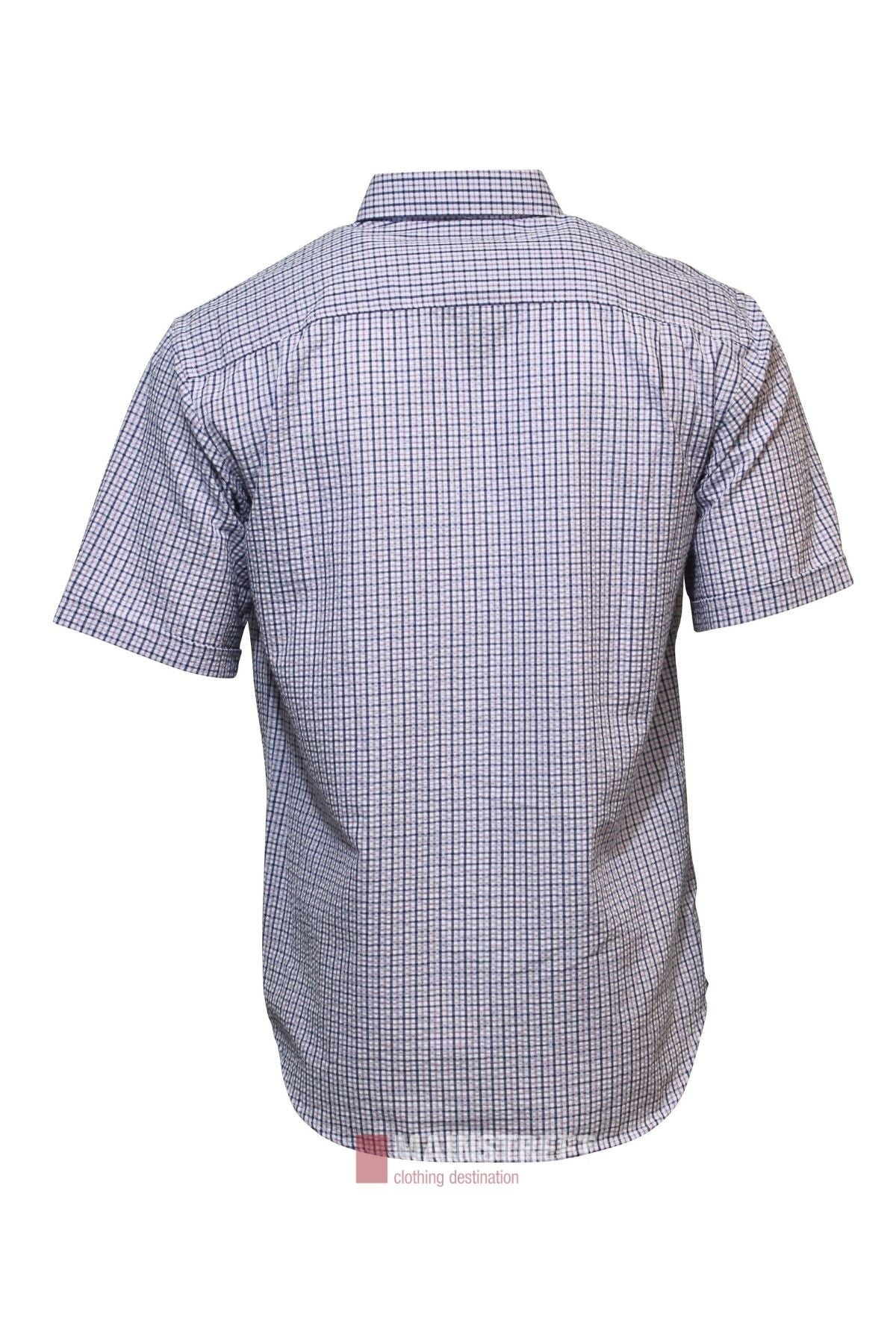 Back view of the Bisley Countryman Seersucker Short Sleeve Shirt, a blue and white checkered work shirt, shown on a plain white background.