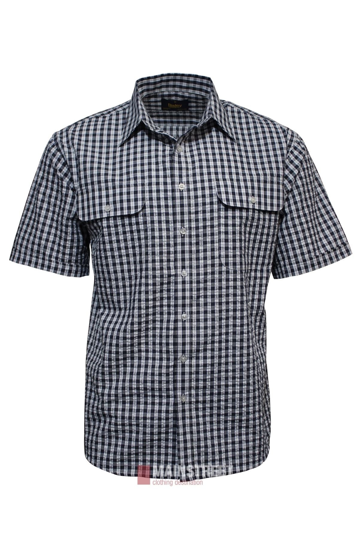 The Bisley Countryman Seersucker Short Sleeve Shirt features a black, white, and blue checkered pattern, two front chest pockets, and a button-up design. It's displayed against a white background.