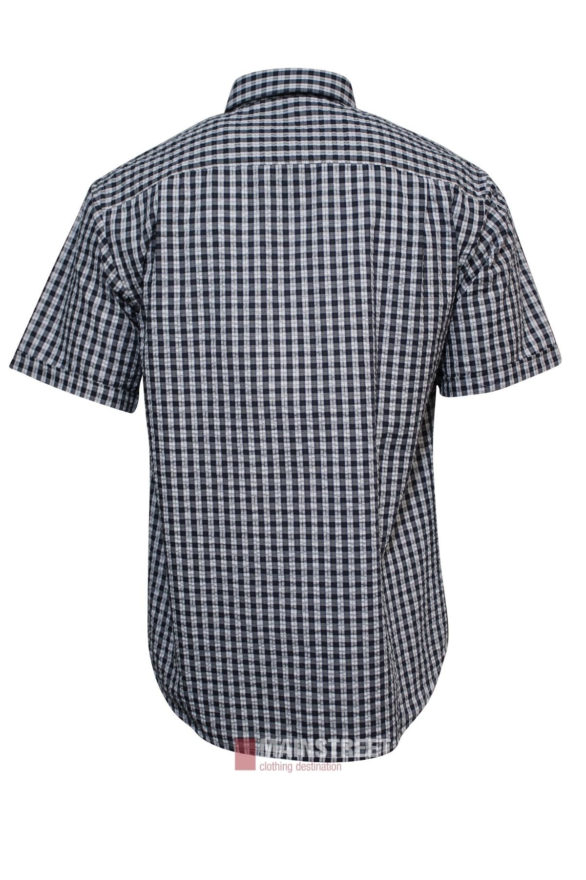 The Bisley Countryman Seersucker Short Sleeve Shirt is shown from the back against a white background, featuring short sleeves, a collar, and a black and white checkered pattern.