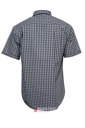 The Bisley Countryman Seersucker Short Sleeve Shirt is shown from the back against a white background, featuring short sleeves, a collar, and a black and white checkered pattern.