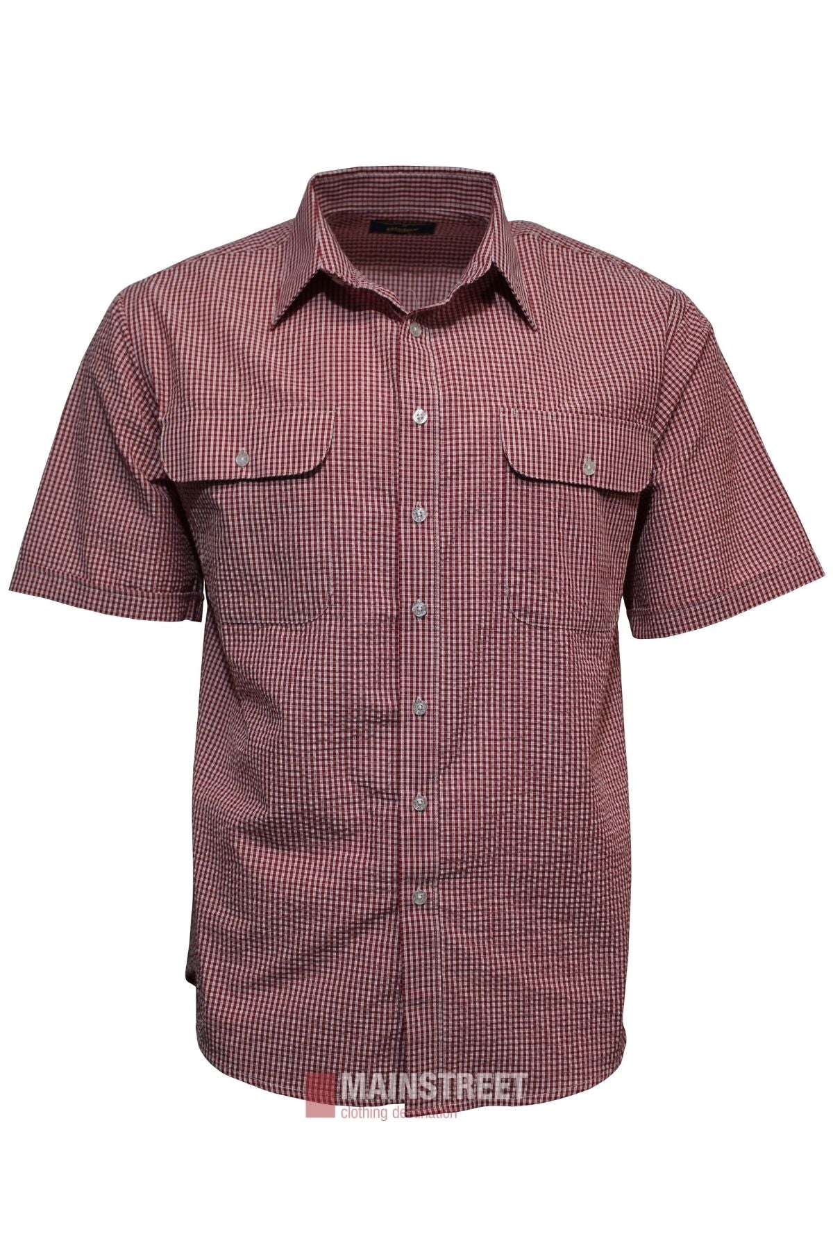 The Bisley Countryman Seersucker Short Sleeve Shirt, in a red and white check pattern with two chest flap pockets, is shown against a plain white background.
