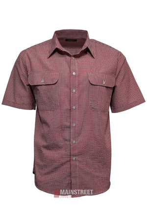 The Bisley Countryman Seersucker Short Sleeve Shirt, in a red and white check pattern with two chest flap pockets, is shown against a plain white background.