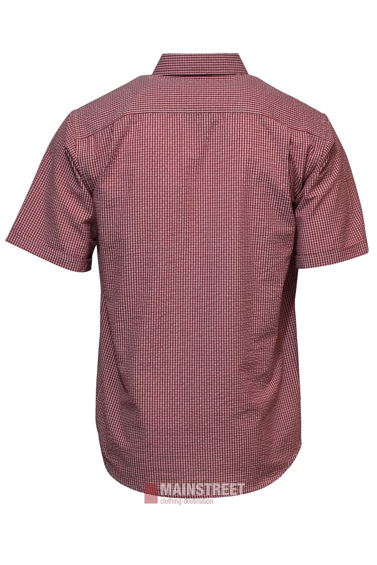 Back view of the Bisley Countryman Seersucker Short Sleeve Shirt, featuring a collar and lightweight red and white checkered fabric.