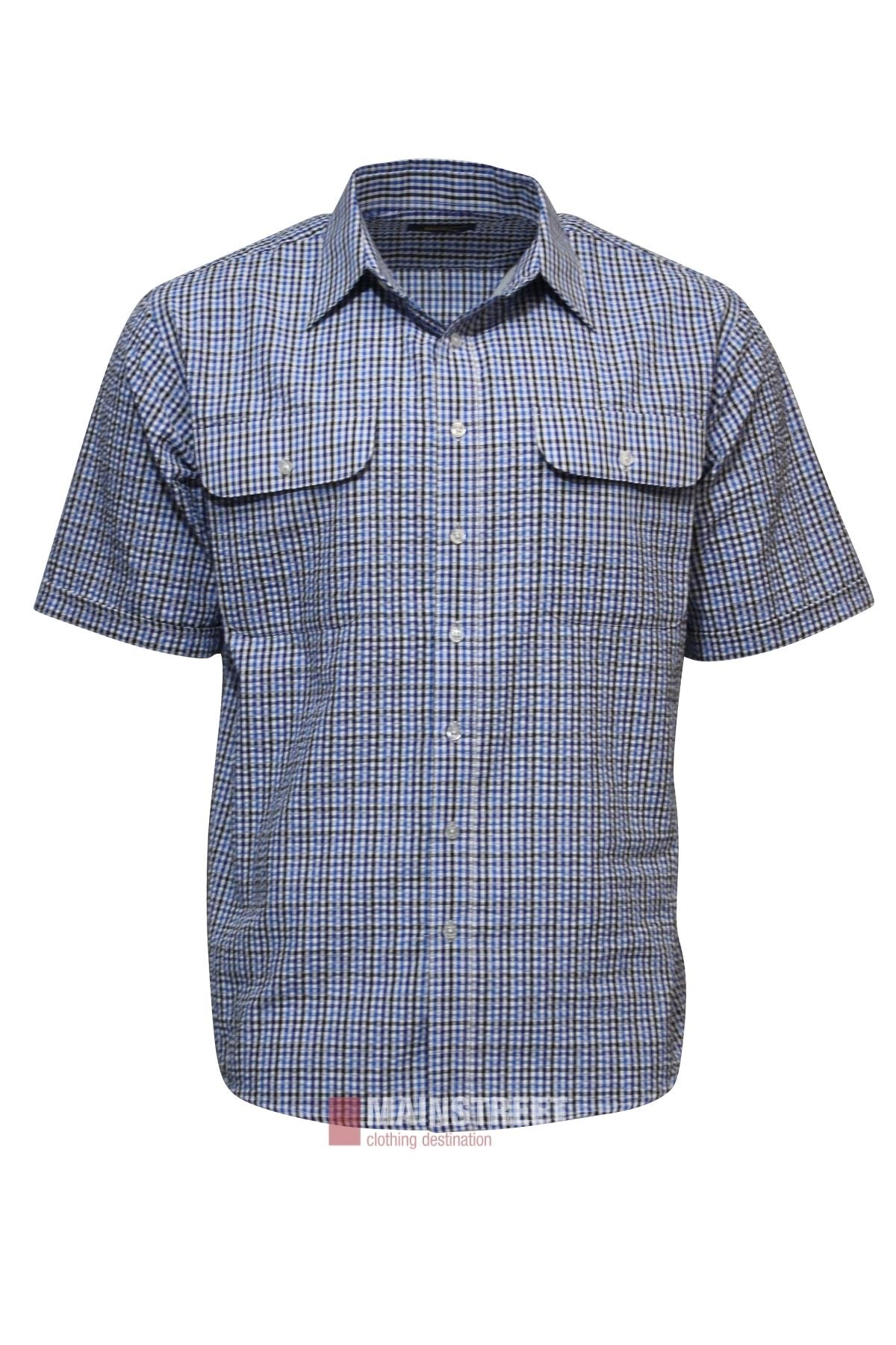 The Bisley Countryman Seersucker Short Sleeve Shirt features a blue and white check pattern, button-up front, collar, and two chest flap pockets, shown on a plain white background.