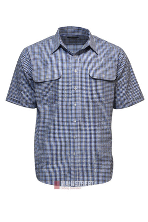 The Bisley Countryman Seersucker Short Sleeve Shirt features a blue and white check pattern, button-up front, collar, and two chest flap pockets, shown on a plain white background.