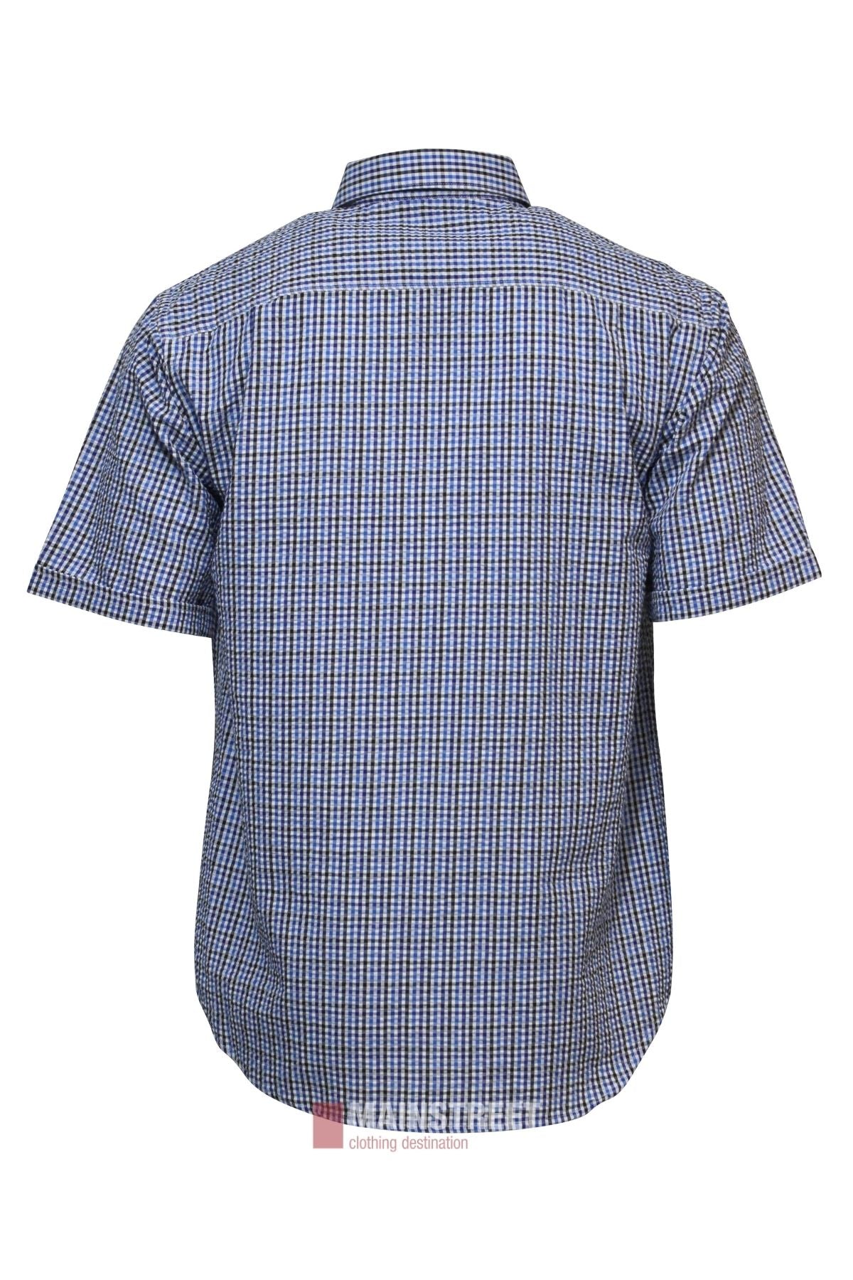 The Bisley Countryman Seersucker Short Sleeve Shirt features a blue, white, and black check pattern and is shown from the back against a white background.