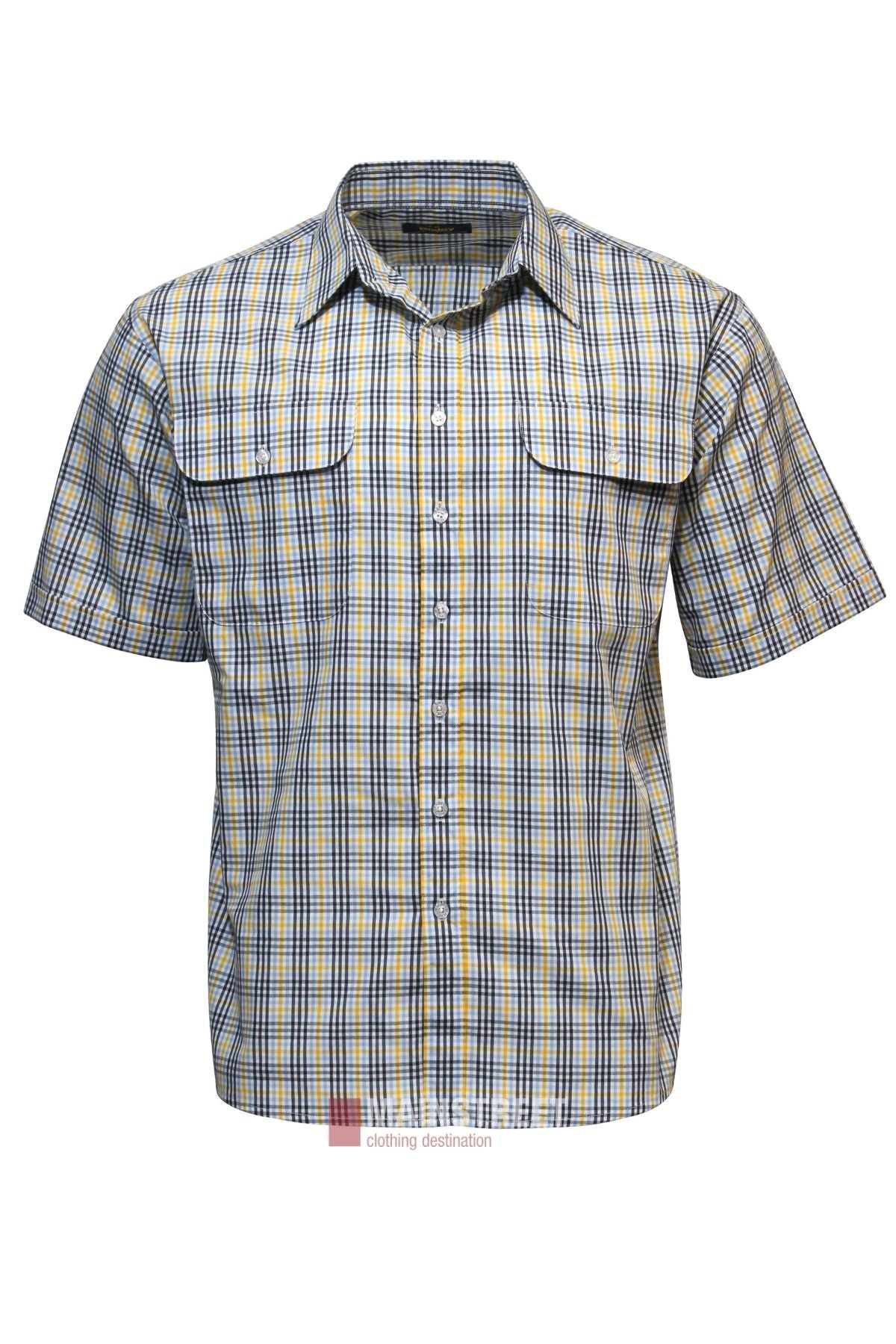 Bisley Countryman Short Sleeve Shirt featuring a blue, yellow, and white plaid design, two button-flap chest pockets, and made from a soft polyester-cotton blend for lasting comfort.