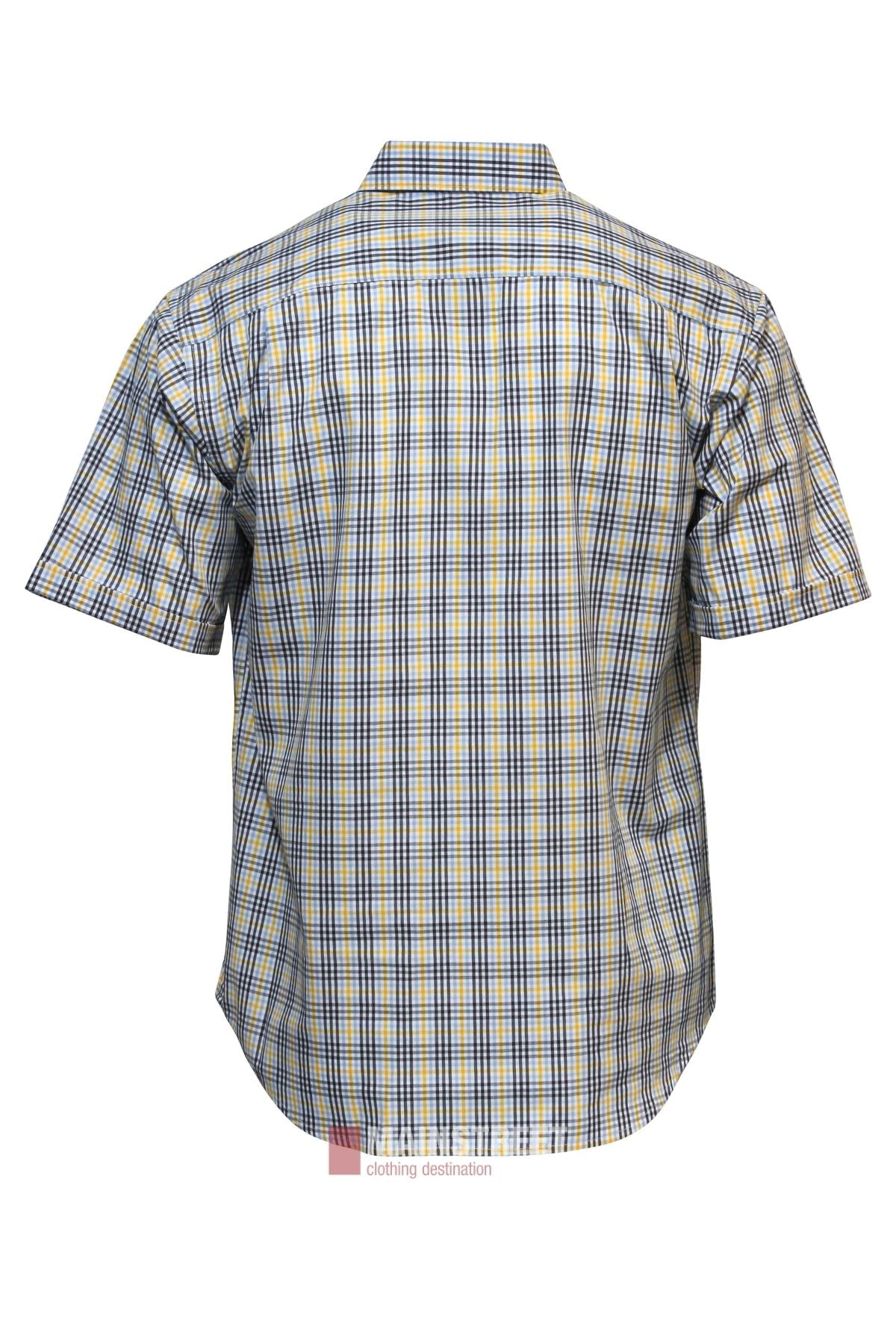 The Bisley Countryman Short Sleeve Shirt is a relaxed-fit, short-sleeved, button-up shirt with a blue, yellow, and white plaid pattern, shown from the back. Made of polyester cotton and features a collar.