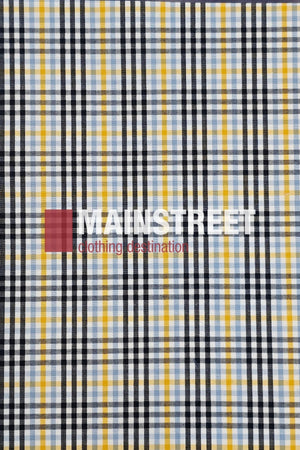 Plaid pattern with intersecting black, white, yellow, and blue lines, inspired by the Bisley Countryman Shirt. Text says "MAINSTREET clothing destination" with a red square to the left.