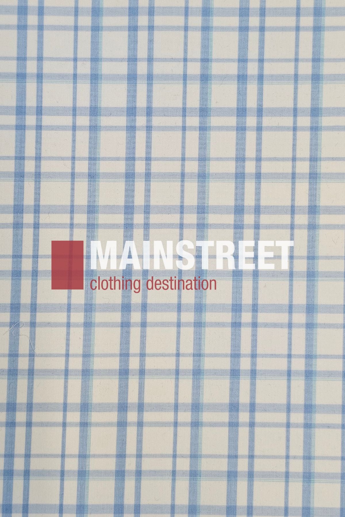 A blue and white plaid background features “MAINSTREET” in bold white and “clothing destination” in small red letters beside a red square—an ideal setting to highlight the Bisley Countryman Short Sleeve Shirt.