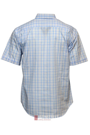 The Bisley Countryman Short Sleeve Shirt, shown from the back in light blue and white plaid, is displayed on a plain white background.