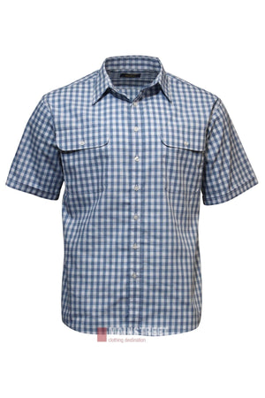 The Bisley Countryman Short Sleeve Shirt is made from cotton, featuring a blue and white checkered pattern, two chest pockets with button flaps, and a collar—combining comfort and style. Displayed on a white background.