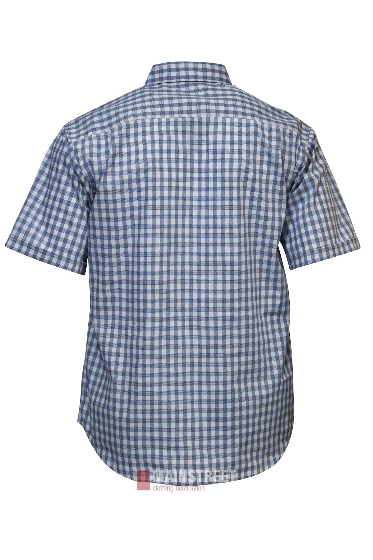 The Bisley Countryman Short Sleeve Shirt features blue and white checks, a classic collar, and a loose fit, shown from the back.
