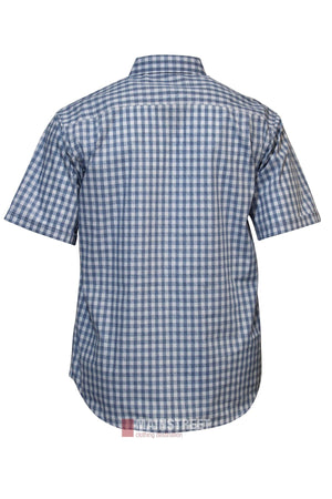 The Bisley Countryman Short Sleeve Shirt features blue and white checks, a classic collar, and a loose fit, shown from the back.