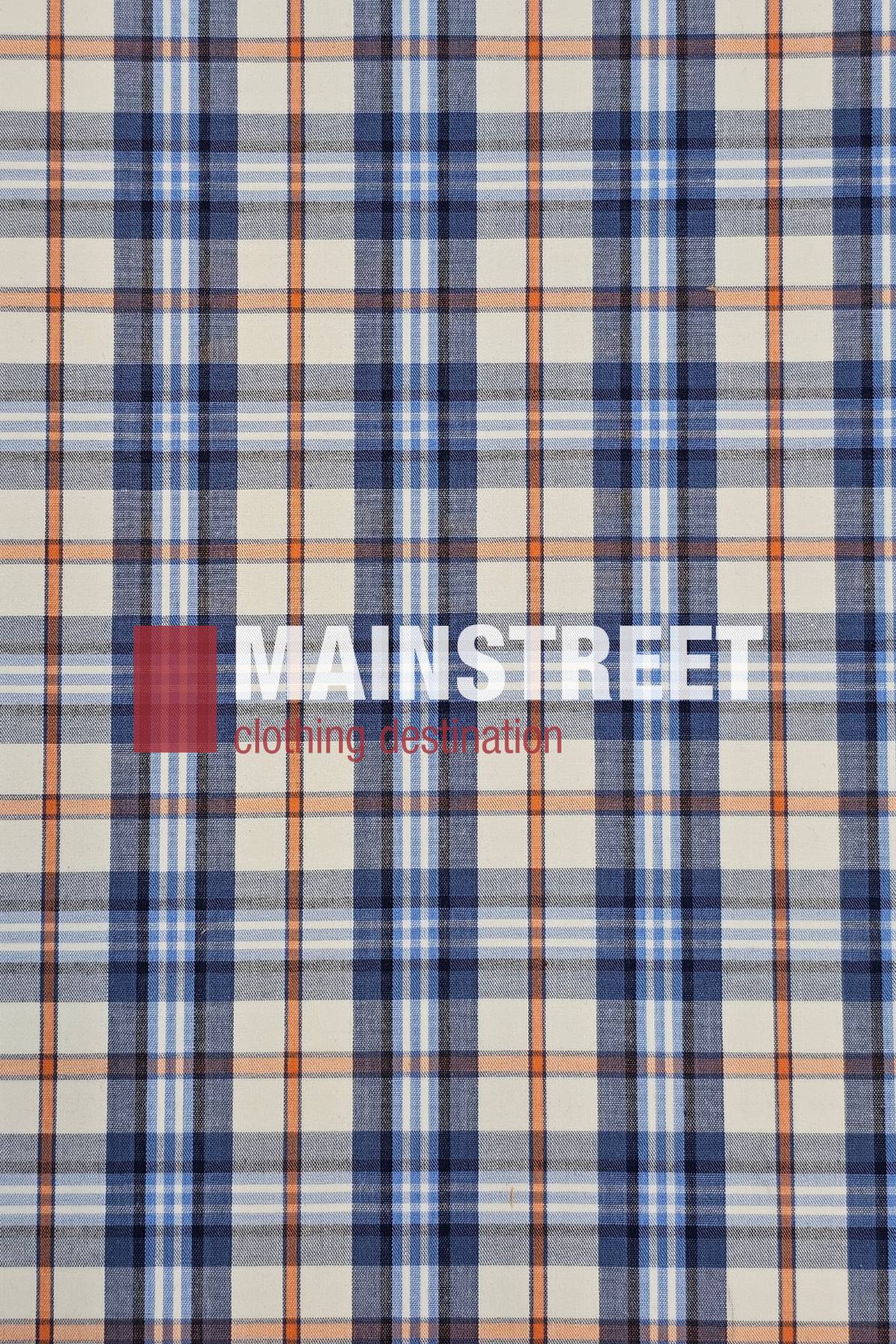 A plaid pattern with blue, orange, and beige lines features "MAINSTREET clothing destination" in white and red text alongside a solid red square, capturing the timeless look of the Bisley Countryman Short Sleeve Shirt.