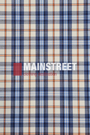 A plaid pattern with blue, orange, and beige lines features "MAINSTREET clothing destination" in white and red text alongside a solid red square, capturing the timeless look of the Bisley Countryman Short Sleeve Shirt.