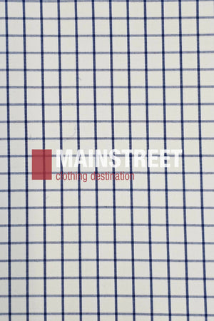 A grid of blue lines on white with "MAINSTREET" in bold white and "clothing destination" in small red over a red square, evoking the classic style of the Bisley Countryman Short Sleeve Shirt.