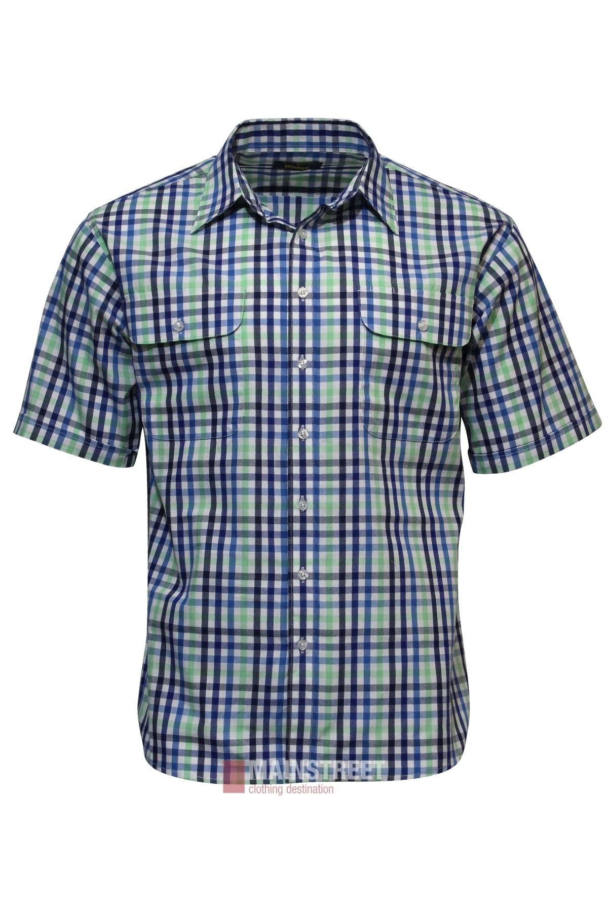 The Bisley Countryman Short Sleeve Shirt is a polyester-cotton shirt in blue, green, and white plaid with two chest pockets, shown on a white background.