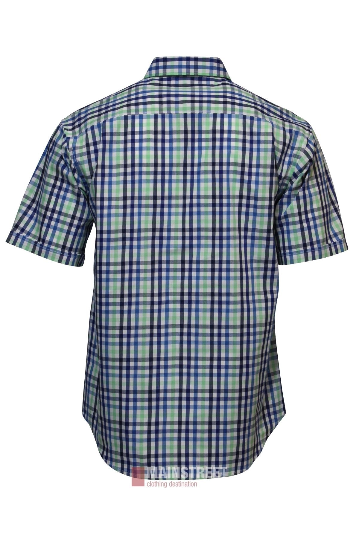 The Bisley Countryman Short Sleeve Shirt is made from polyester cotton and features a blue, green, and white plaid design, shown from the back.