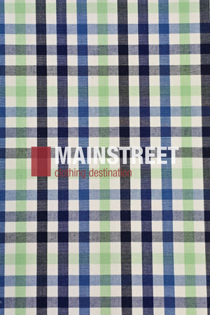 Inspired by the Bisley Countryman Shirt, this checkered fabric features green, blue, and white squares with "MAINSTREET clothing destination" printed over it in white and red letters.