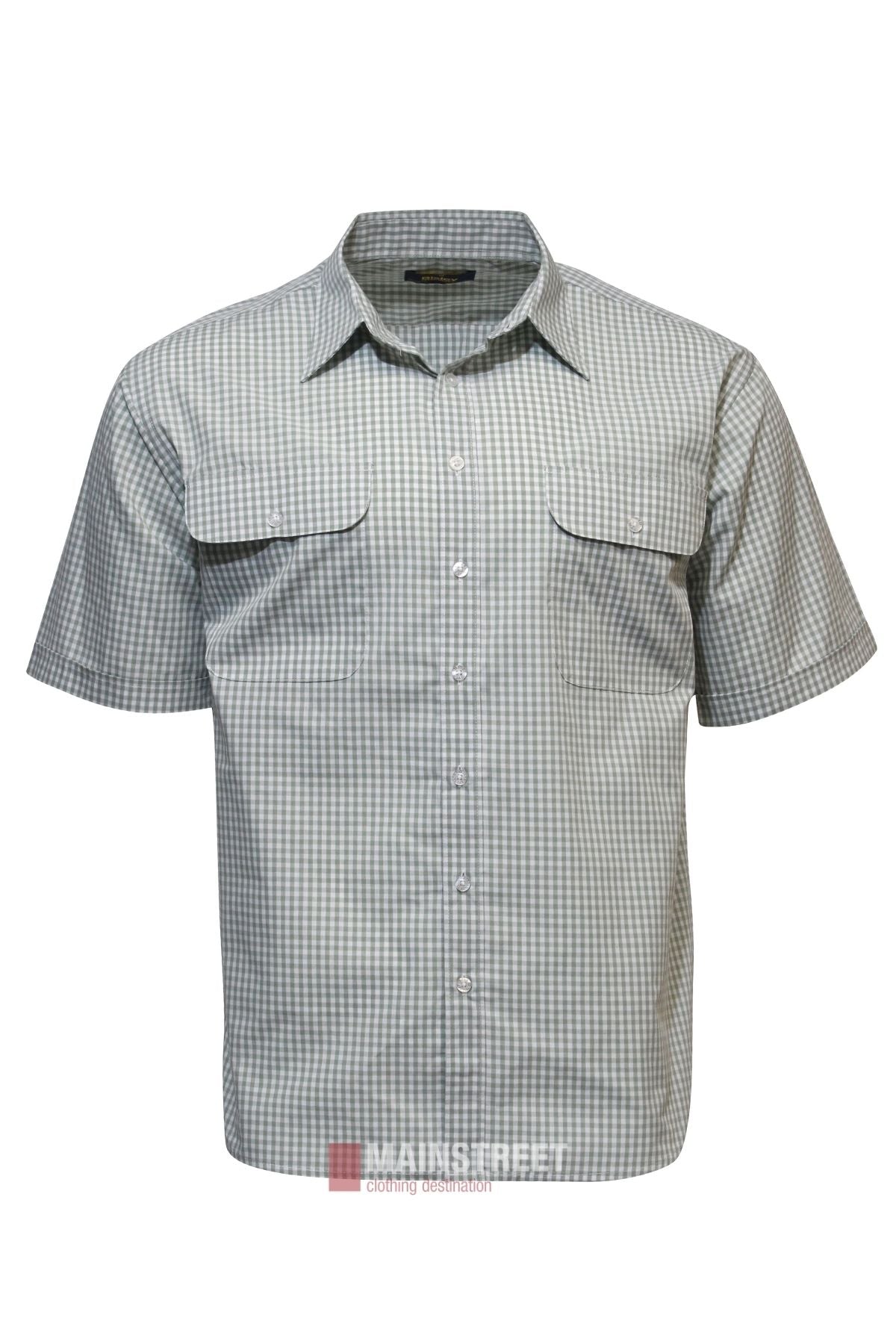 The Bisley Countryman Short Sleeve Shirt features a green and white check pattern, button-up front, collar, and two chest pockets with flaps. Made from durable polyester cotton, it's displayed against a white background.