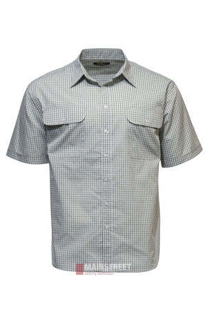 The Bisley Countryman Short Sleeve Shirt features a green and white check pattern, button-up front, collar, and two chest pockets with flaps. Made from durable polyester cotton, it's displayed against a white background.