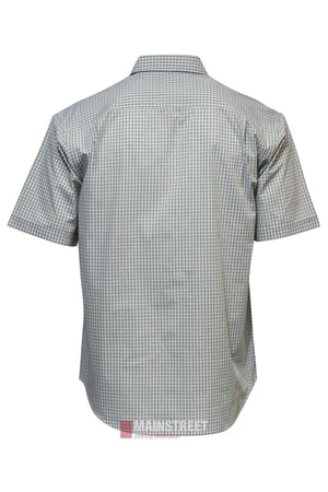 Back view of the Bisley Countryman Short Sleeve Shirt, made from polyester-cotton with a light blue and white small check pattern, shown against a plain white background.