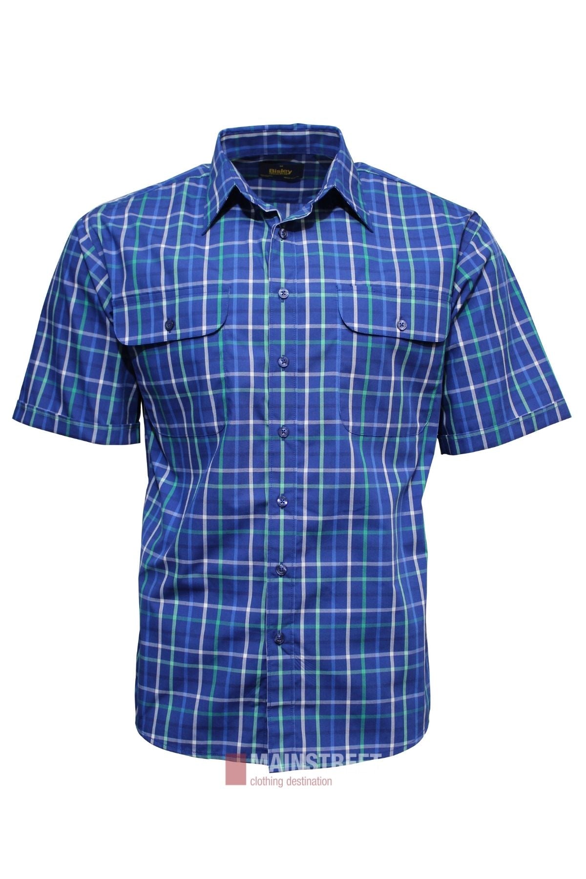 The Bisley Countryman Short Sleeve Shirt showcases a blue, green, and white plaid design, features two chest pockets, and is made from a durable polyester/cotton blend. It is displayed on a plain white background.