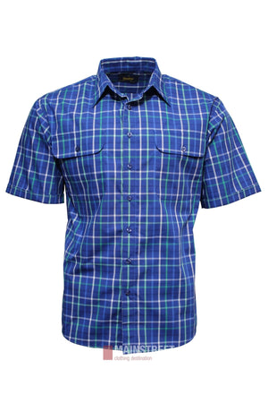 The Bisley Countryman Short Sleeve Shirt showcases a blue, green, and white plaid design, features two chest pockets, and is made from a durable polyester/cotton blend. It is displayed on a plain white background.