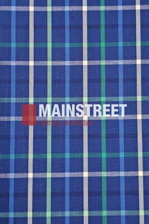 A blue, green, and white plaid polyester/cotton blend showcases the Bisley Countryman Short Sleeve Shirt with "MAINSTREET clothing destination" printed in bold white and red text at the center.