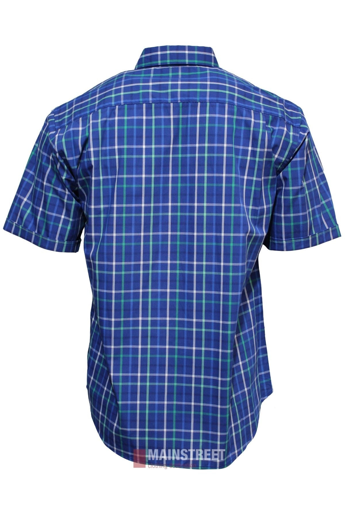 A blue plaid Bisley Countryman Short Sleeve Shirt with green and white stripes, made from a comfortable polyester/cotton blend, is shown from the back against a white background.