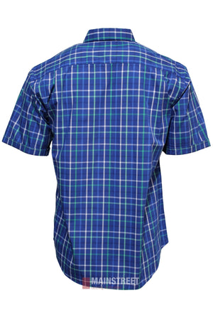 A blue plaid Bisley Countryman Short Sleeve Shirt with green and white stripes, made from a comfortable polyester/cotton blend, is shown from the back against a white background.