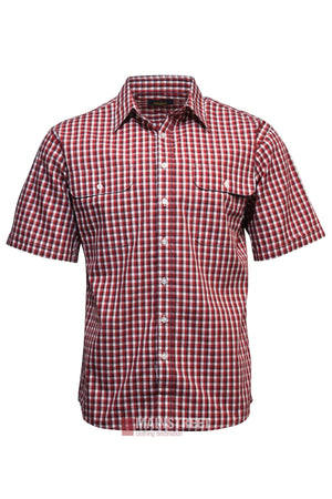 The Bisley Countryman Short Sleeve Shirt, shown on a plain white background, features a red, white, and black checkered pattern, two front chest pockets with button flaps, and is made from durable polyester-cotton.