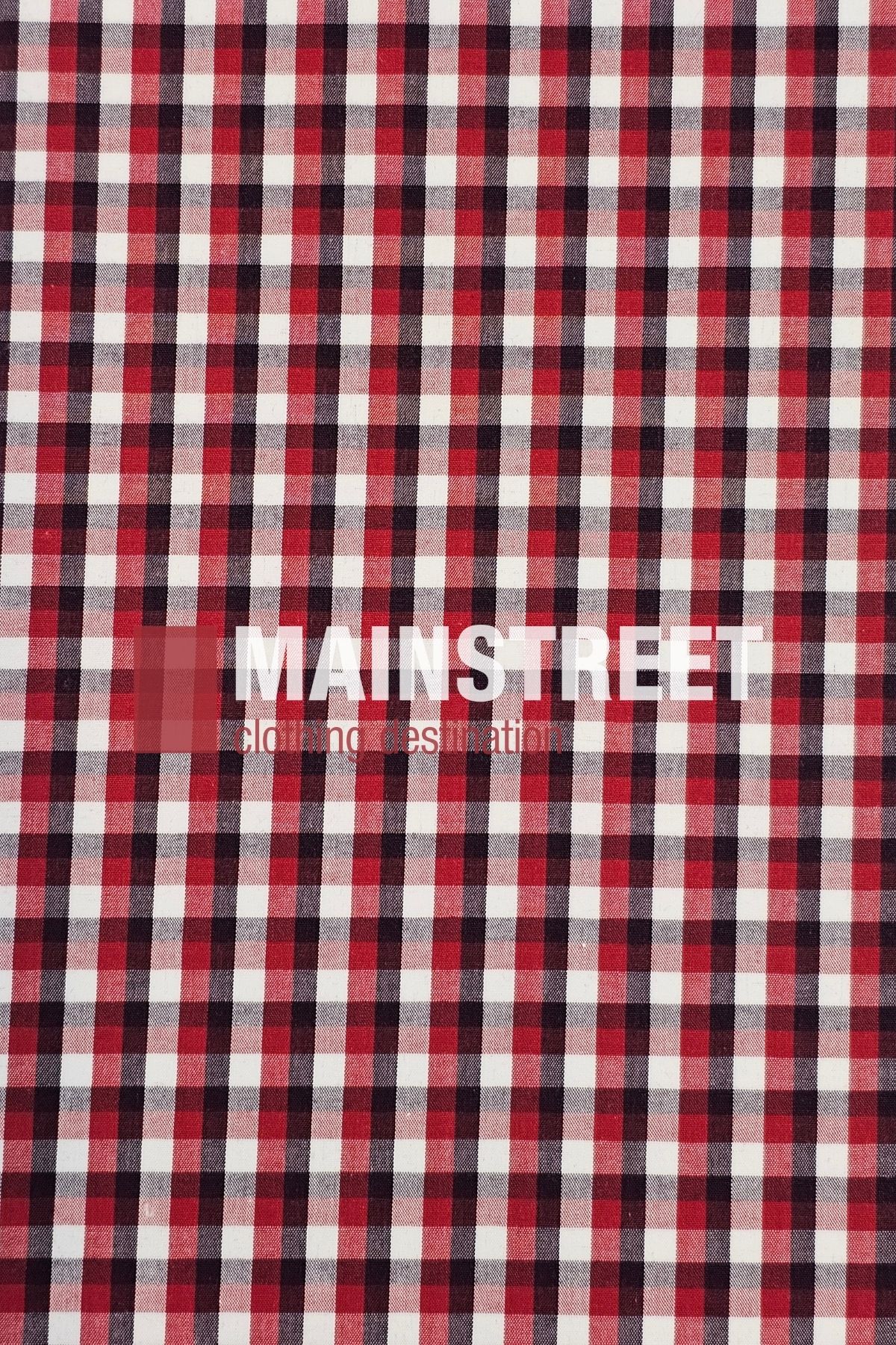 Red, black, and white plaid pattern with “MAINSTREET clothing destination” in white capitals near the center-left—evoking the classic Bisley Countryman Shirt made from durable polyester cotton fabric.