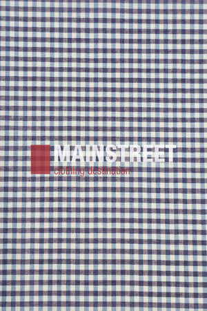 A blue and white checked fabric pattern with "MAINSTREET clothing destination" in white and red, inspired by the Bisley Countryman Short Sleeve Shirt.