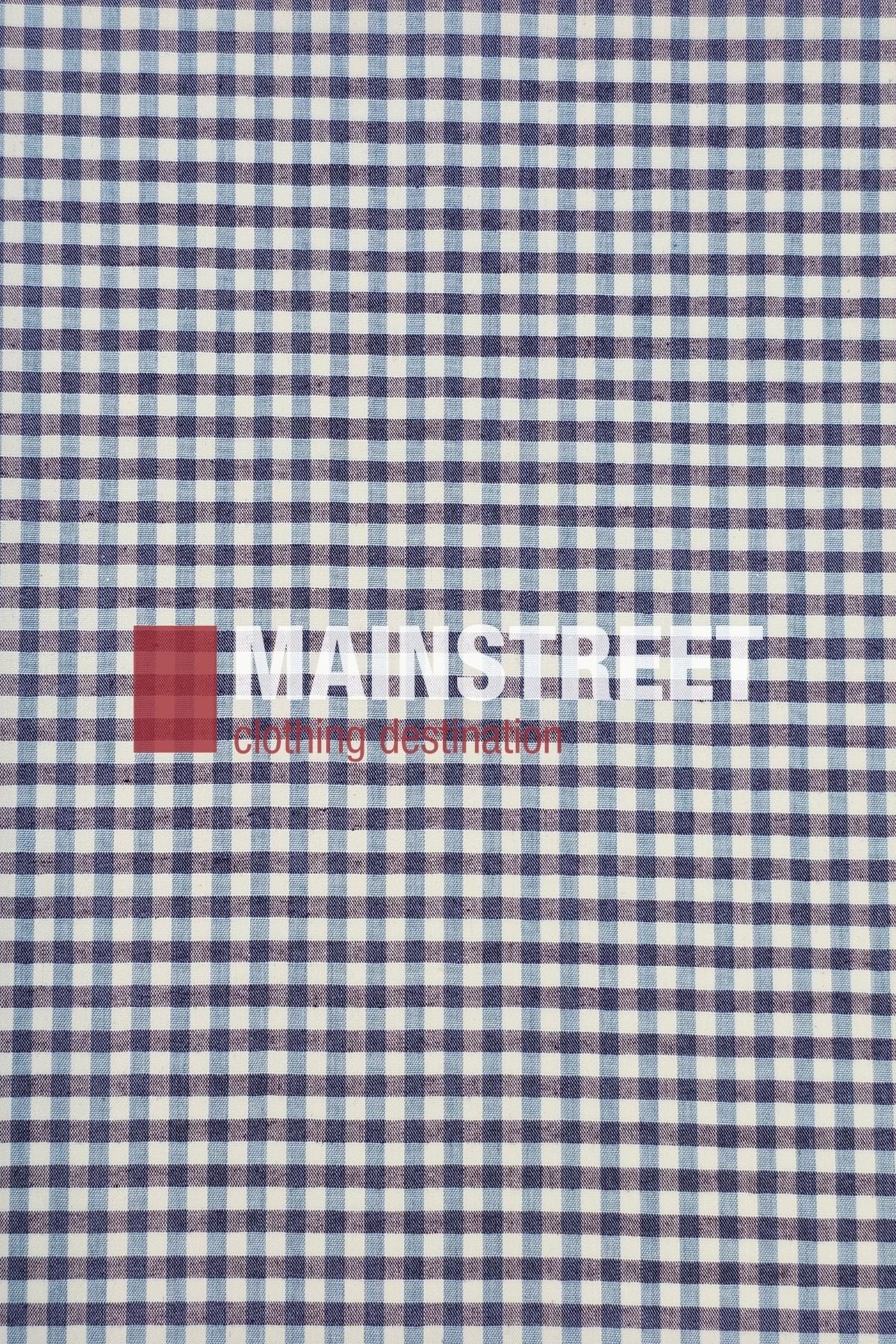 Blue and white checkered fabric inspired by the Bisley Countryman Shirt, featuring "MAINSTREET clothing destination" printed over it and a red square placed to the left of the text.