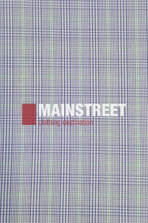 A blue and white checkered fabric with thin green lines evokes the Bisley Countryman Short Sleeve Shirt. Centered is the "MAINSTREET clothing destination" logo, with "MAIN" in bold white and a red square on the left.