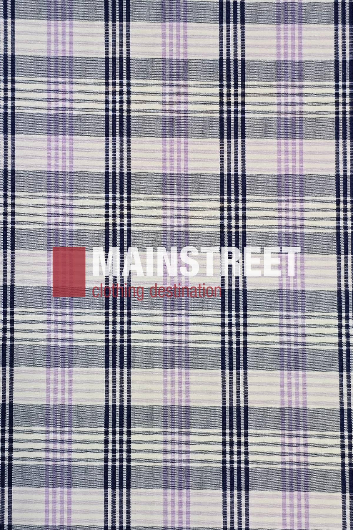 A plaid fabric in gray, white, black, and lavender resembles the Bisley Countryman Short Sleeve Shirt, featuring "MAINSTREET clothing destination" in bold white and red text overlay.