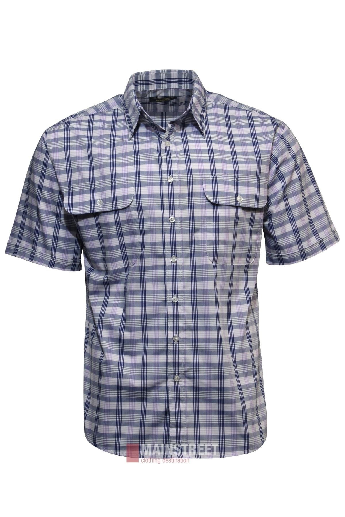 The Bisley Countryman Short Sleeve Shirt features a blue, grey, and white plaid pattern, two chest pockets with button flaps, and a comfortable polyester-cotton blend for durable everyday wear.
