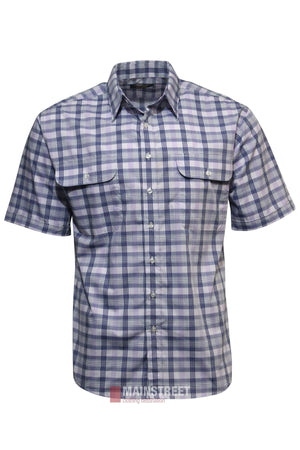 The Bisley Countryman Short Sleeve Shirt features a blue, grey, and white plaid pattern, two chest pockets with button flaps, and a comfortable polyester-cotton blend for durable everyday wear.