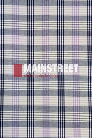 A plaid fabric in gray, white, black, and lavender resembles the Bisley Countryman Short Sleeve Shirt, featuring "MAINSTREET clothing destination" in bold white and red text overlay.