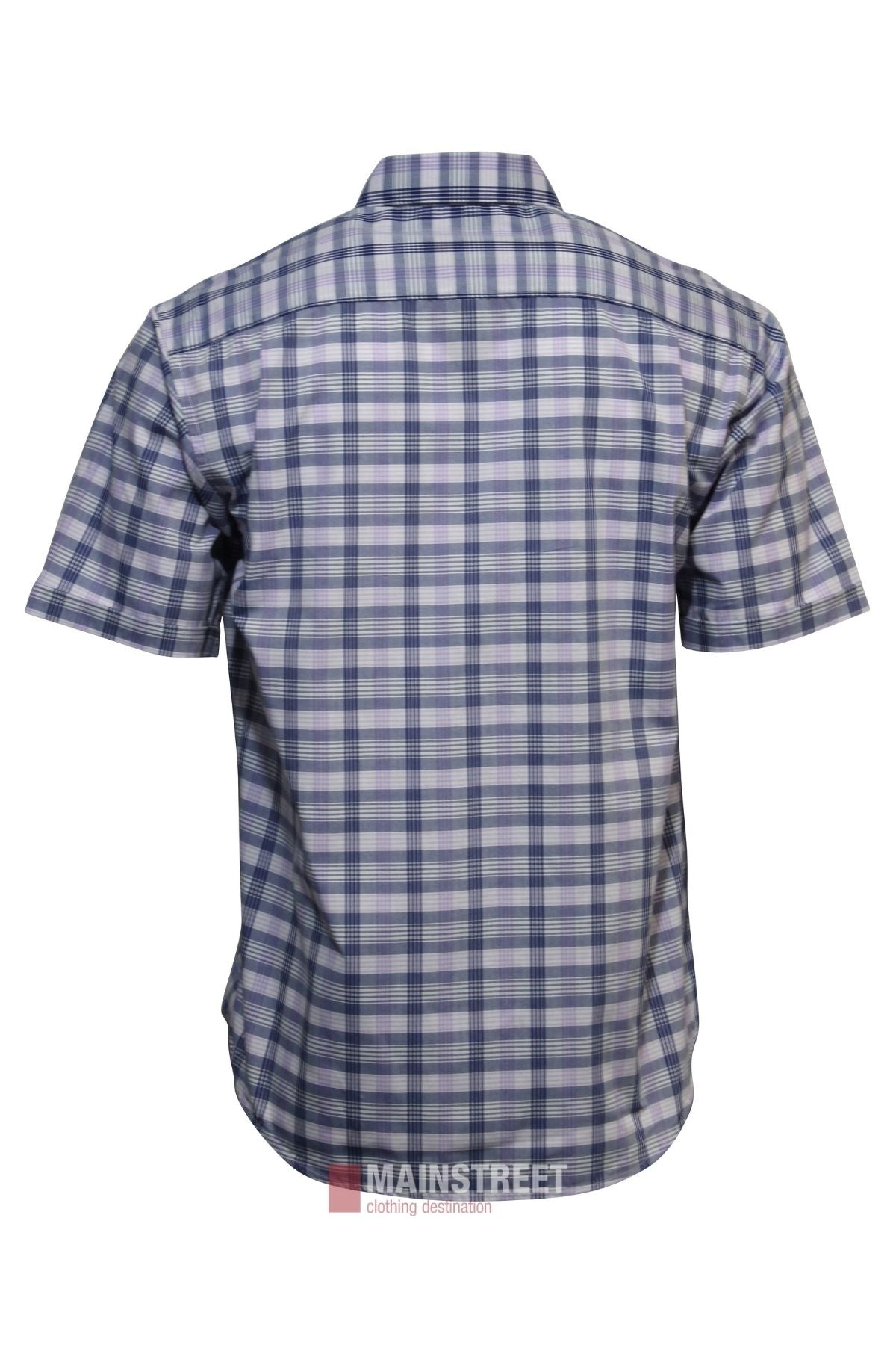 The Bisley Countryman Short Sleeve Shirt is a blue, white, and gray plaid button-up with a collar and relaxed fit for comfort. Made from polyester cotton, it’s shown here from the back.