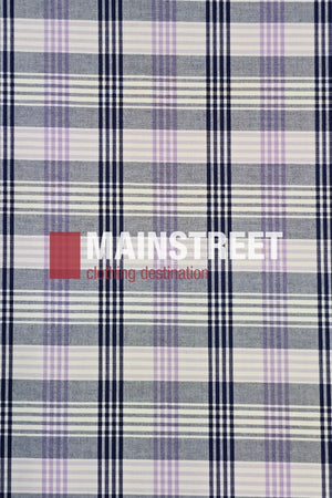 The Bisley Countryman Shirt is made from a polyester/cotton blend with a blue, white, and light purple plaid pattern, featuring "MAINSTREET clothing destination" in bold white and red letters across the center.
